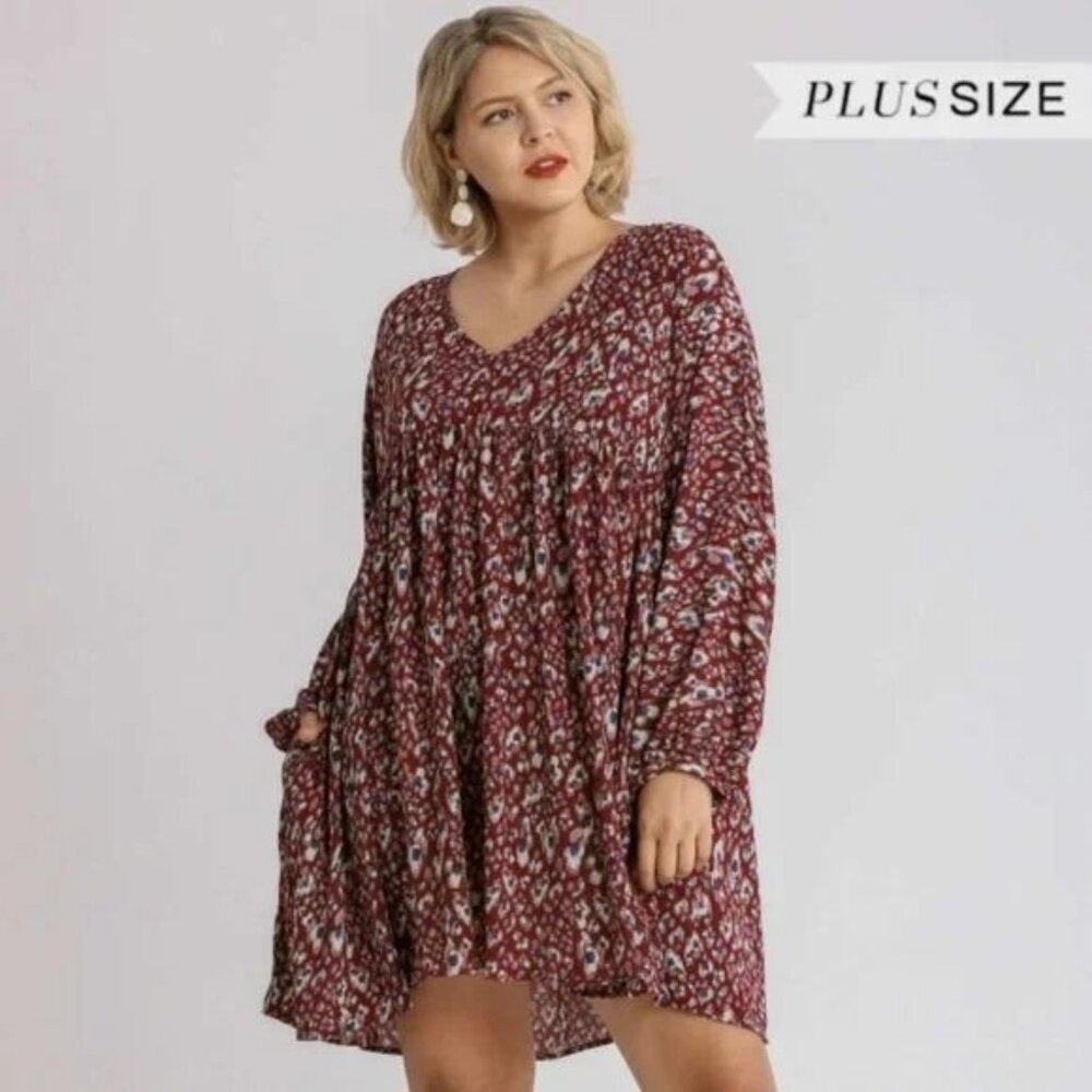 Umgee Plus Wine Mix Animal Print Silky Baby Doll w/ Pockets Long Sleeve Dress 1X